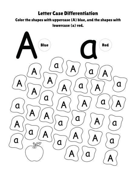 Real uppercase and lowercase A recognition coloring worksheet