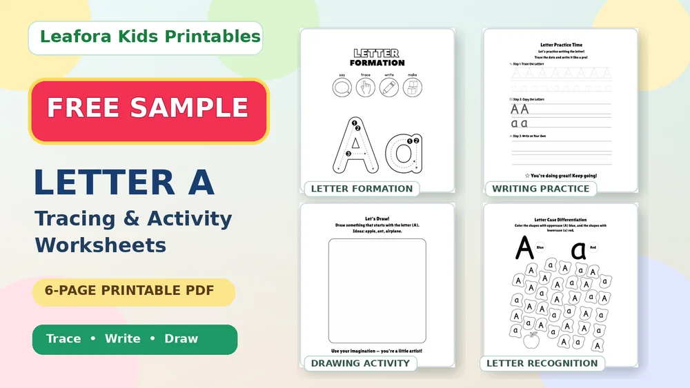Free six-page Letter A worksheet PDF product preview